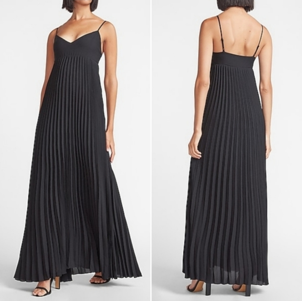 NWT Express Pleated V-Neck Maxi Dress Black Large L
